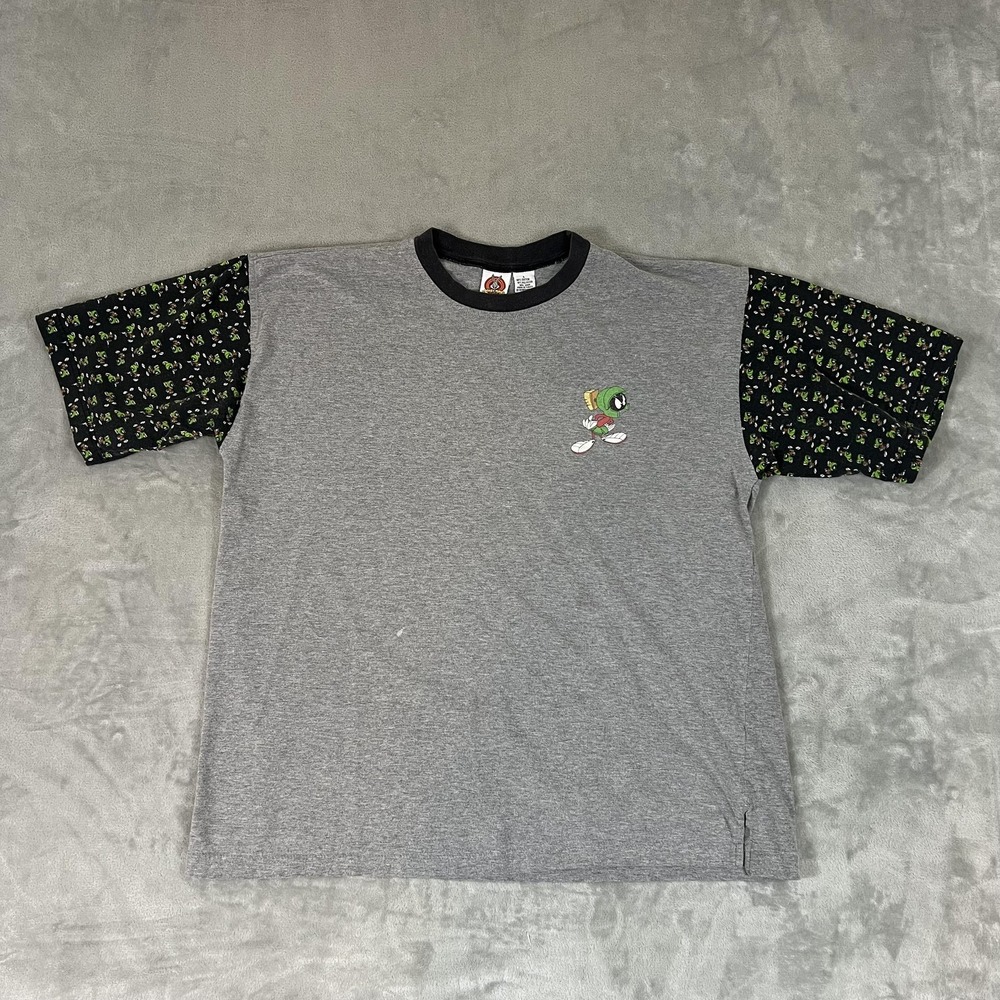 Vintage Looney Tunes Marvin the Martian Shirt Mens Large Gray Ringer Tee 90s